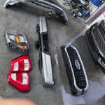 2021-2023 Ford F150 Left headlamp Left and Right tail lamp Complete grill with shutters Front bumper assembly w/fog lamps and harness Rear bumper with sensors and tow hitch