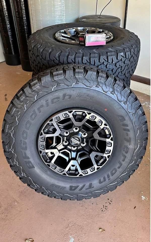 7102d56b-f91b-4e86-9733-8c63120a8aec Ford Raptor R 37" Tires & Beadlock Rims 37x12.50R17 BFGoodrich Baja tires on Raptor R beadlocking rims. New. Full set of four with lug nuts.
