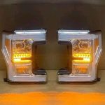 2017-2019 Ford F250 Headlights 2017-2018-2019 Ford F250 / F350 New Chrome Led Projector Headlights  Full LED C-Bars Style Headlamps  Compatibles With Factory Stock  Halogen Headlights  Come As Pair / Plug In Play