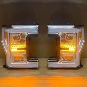 2017-2019 Ford F250 Headlights 2017-2018-2019 Ford F250 / F350 New Chrome Led Projector Headlights  Full LED C-Bars Style Headlamps  Compatibles With Factory Stock  Halogen Headlights  Come As Pair / Plug In Play