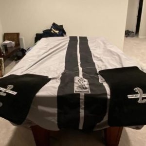 GT350 OEM gray/black stripes car cover and Lloyd’s black carpets