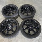 19x10 SVE GT350R replica wheels. 305/30r19 Pirelli P-Zeros on the rear. 295/30r19 Toyo prices on the front.