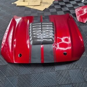 Super Snake Hood Mustang 2018 2023 MP concepts super snake hood 2018 2023in Ruby Red with carbon fiber air intakes