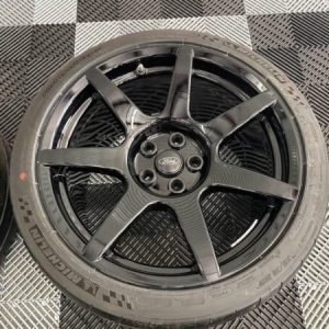 OEM Ford set of GT350R carbon wheels, TPMS sensors, Michelin Cup 2 Tires and center caps.